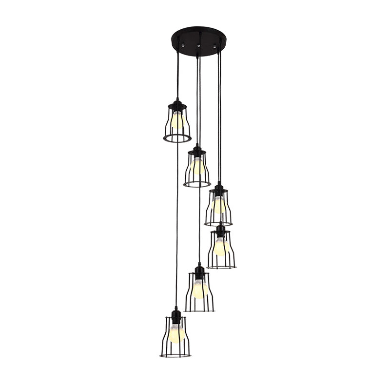 Industrial 6-Head Stair Suspended Pendant Lamp - Iron Wire Cage Multi Ceiling Light in Black