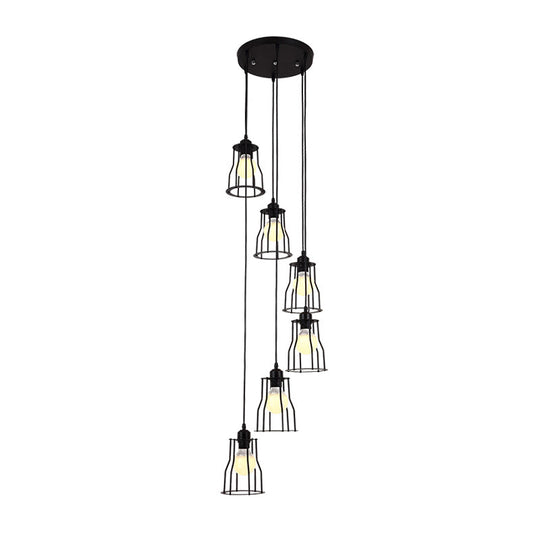 Industrial 6-Head Stair Suspended Pendant Lamp - Iron Wire Cage Multi Ceiling Light in Black