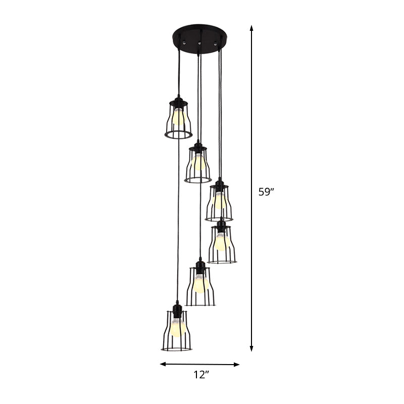 Industrial 6-Head Stair Suspended Pendant Lamp - Iron Wire Cage Multi Ceiling Light in Black