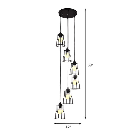 Industrial 6-Head Stair Suspended Pendant Lamp - Iron Wire Cage Multi Ceiling Light in Black