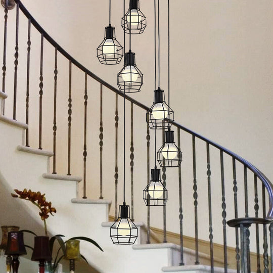 Industrial Black Metal Pendant Light With 6 Globe Cage Bulbs And Stylish Spiral Design