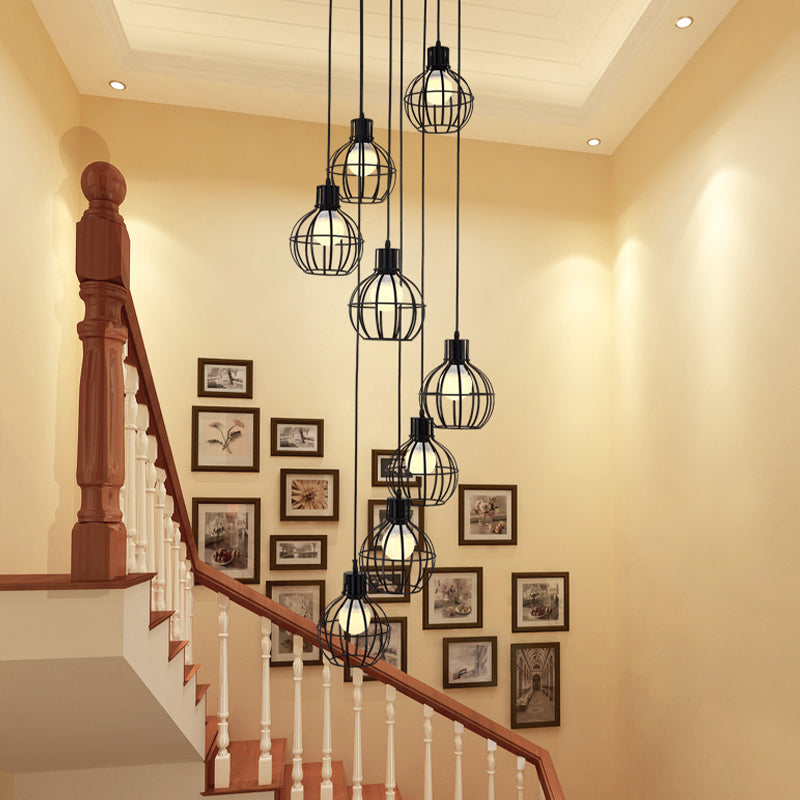 Industrial Black Metal Pendant with Spiral Design - 6 Bulbs Globe Cage Hanging Light Fixture