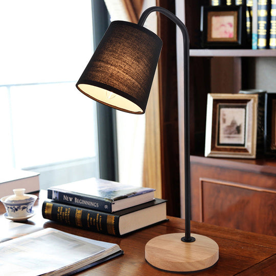 Conical Fabric Task Light: Modern 1-Bulb Black Small Desk Lamp With Beige Wood Base