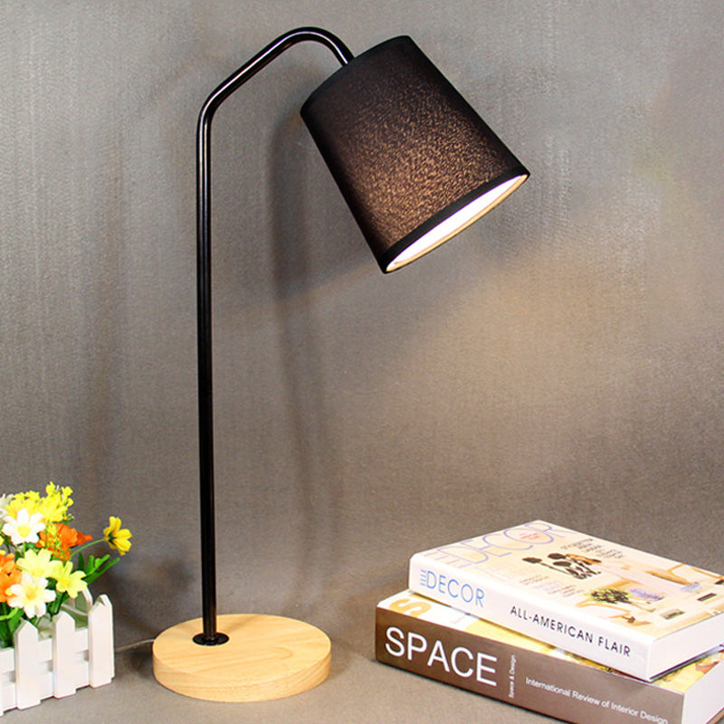 Conical Fabric Task Light: Modern 1-Bulb Black Small Desk Lamp With Beige Wood Base