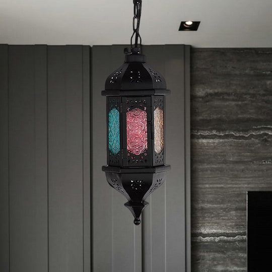 Art Deco Lantern Pendant Lamp In Black Metallic Hanging Lighting For Living Room - 1 Head 5/5.5/9.5