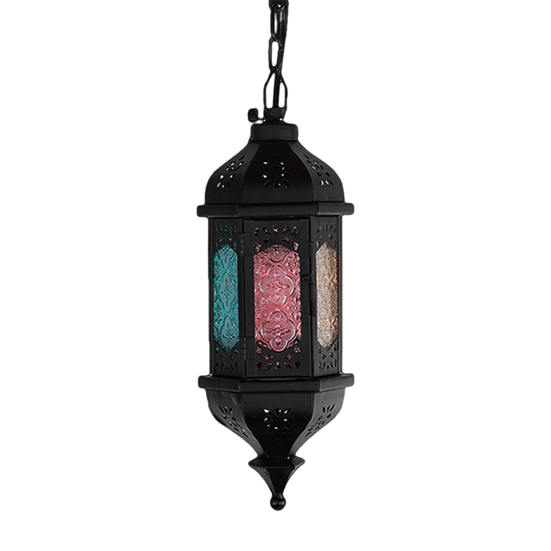 Art Deco Lantern Pendant Lamp In Black Metallic Hanging Lighting For Living Room - 1 Head 5/5.5/9.5