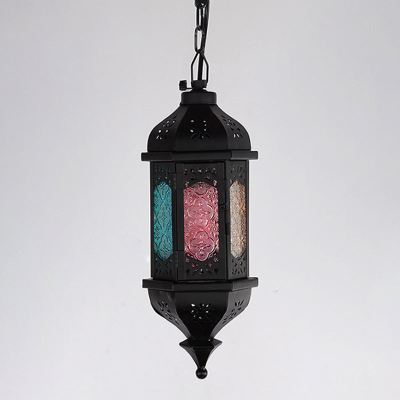 Art Deco Lantern Pendant Lamp In Black Metallic Hanging Lighting For Living Room - 1 Head 5/5.5/9.5