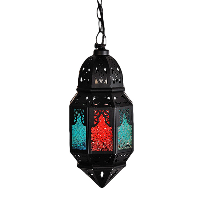 Art Deco Lantern Pendant Lamp In Black Metallic Hanging Lighting For Living Room - 1 Head 5/5.5/9.5