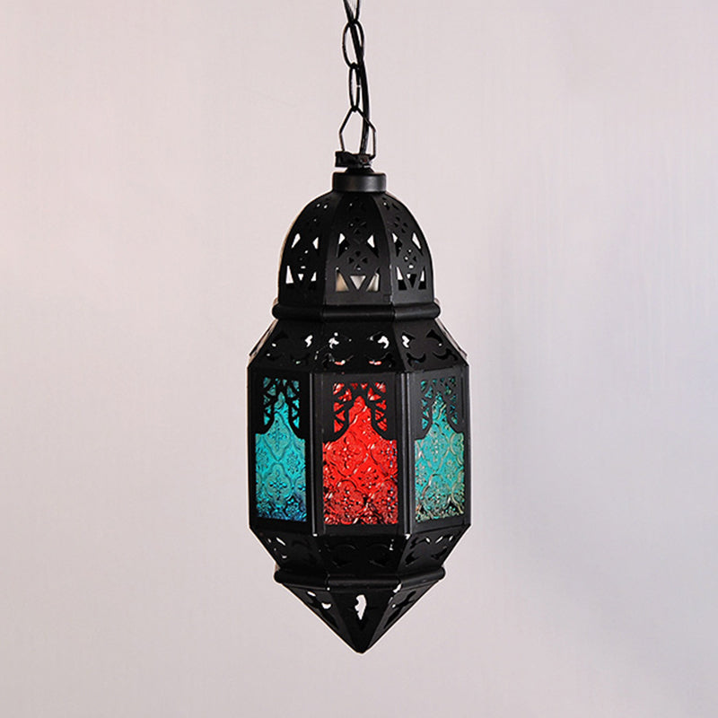 Art Deco Lantern Pendant Lamp In Black Metallic Hanging Lighting For Living Room - 1 Head 5/5.5/9.5