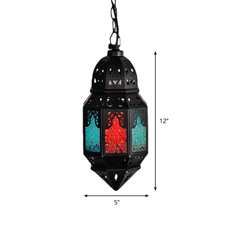 Art Deco Lantern Pendant Lamp In Black Metallic Hanging Lighting For Living Room - 1 Head 5/5.5/9.5