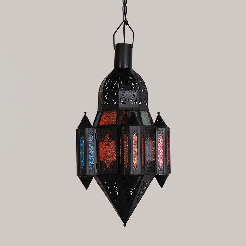 Art Deco Lantern Pendant Lamp In Black Metallic Hanging Lighting For Living Room - 1 Head 5/5.5/9.5