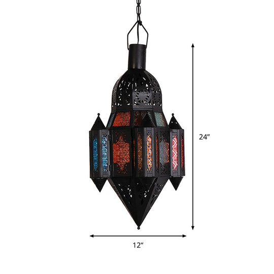 Art Deco Lantern Pendant Lamp In Black Metallic Hanging Lighting For Living Room - 1 Head 5/5.5/9.5