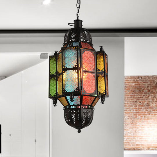 Antiqued Bar Pendant Lamp With Lantern Glass Shade - Black