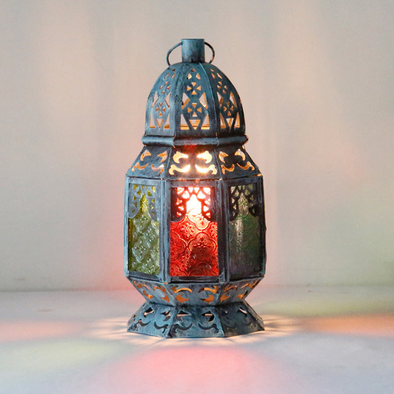 Blue Antiqued Metal Desk Lamp With Textured Glass Shade