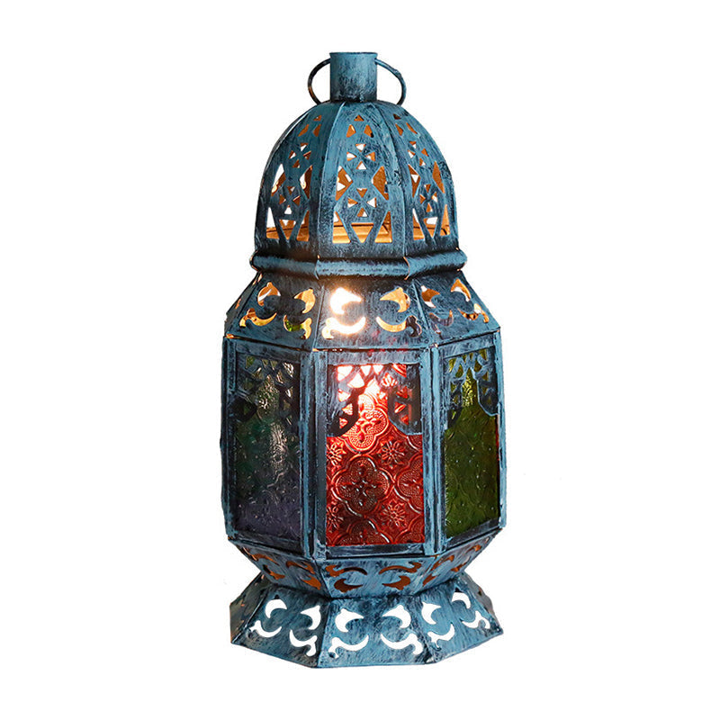 Blue Antiqued Metal Desk Lamp With Textured Glass Shade