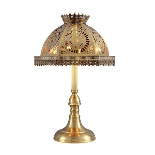 Art Deco Brass Dome Table Lamp - Metallic 1 Head Nightstand With Hollowed Out Design For Living Room