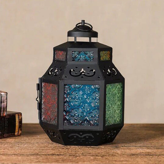 Turkish Style Black Metal Desk Lamp With Colorful Textured Glass Shade