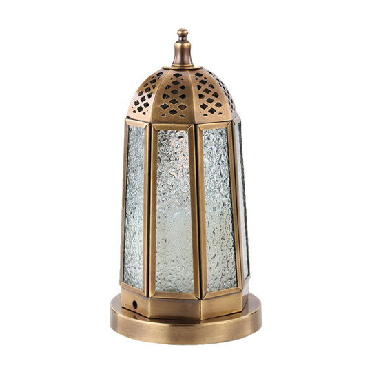 Antiqued Tower Desk Lamp - Clear Pebbled Glass Night Table Light With 1 Head In Brass Finish