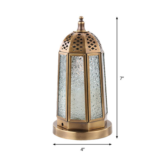 Antiqued Tower Desk Lamp - Clear Pebbled Glass Night Table Light With 1 Head In Brass Finish