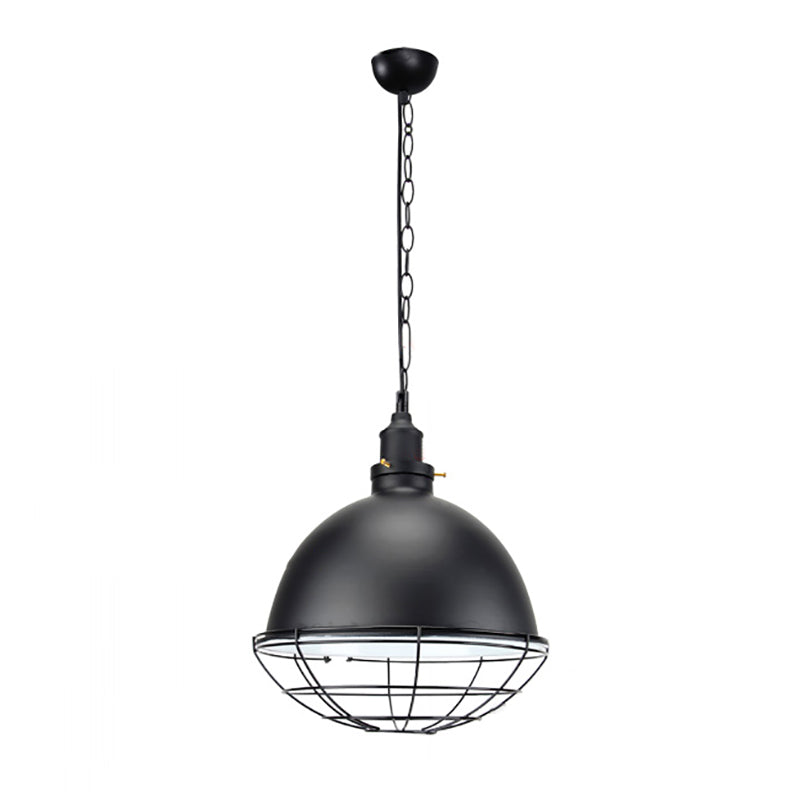 Suspension en métal industriel rétro - Abat-jour en forme de bol, 1 ampoule - Noir/blanc/rouge - Plafonnier d'intérieur avec grille de protection et chaîne