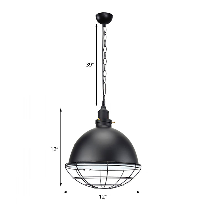 Suspension en métal industriel rétro - Abat-jour en forme de bol, 1 ampoule - Noir/blanc/rouge - Plafonnier d'intérieur avec grille de protection et chaîne