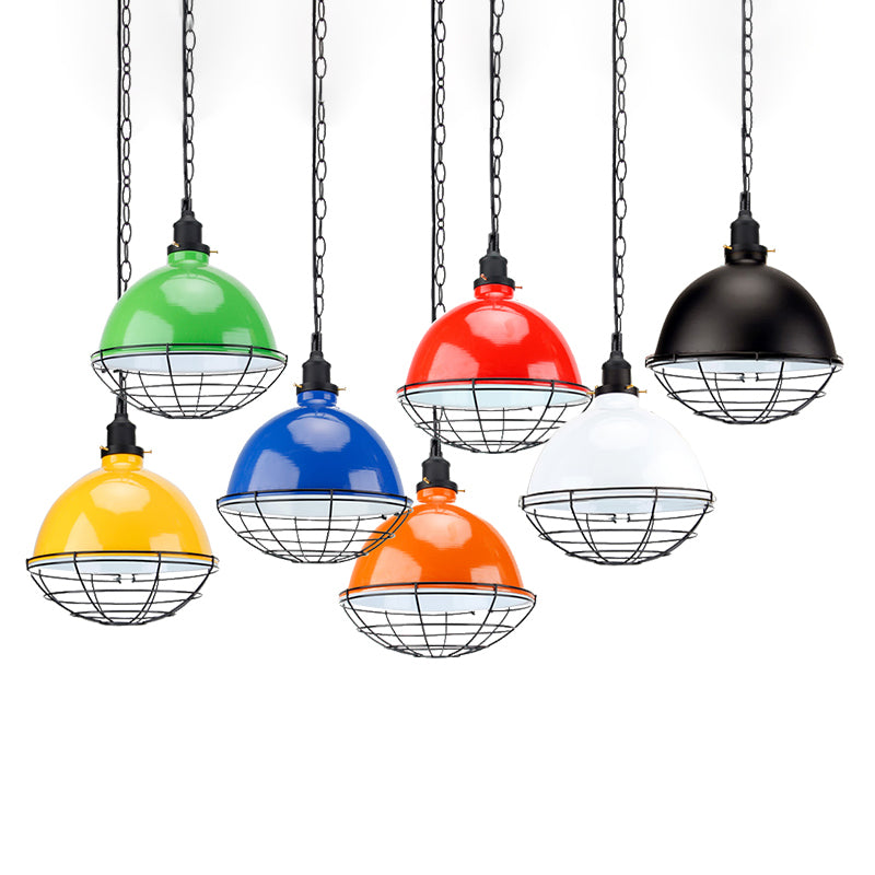 Retro Industrial Metal Pendant Light - Bowl Shade 1 Bulb Multiple Colors Wire Guard And Chain