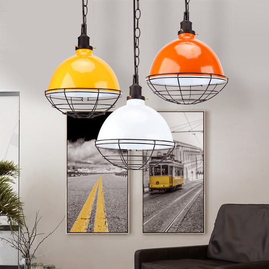 Retro Industrial Metal Pendant Light - Bowl Shade 1 Bulb Multiple Colors Wire Guard And Chain