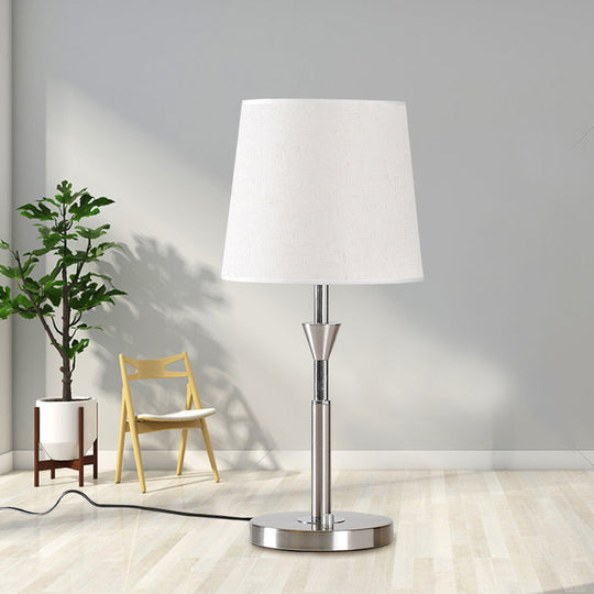 Modern White Fabric Barrel Desk Light With Metal Base - 1 Bulb Night Table Lamp