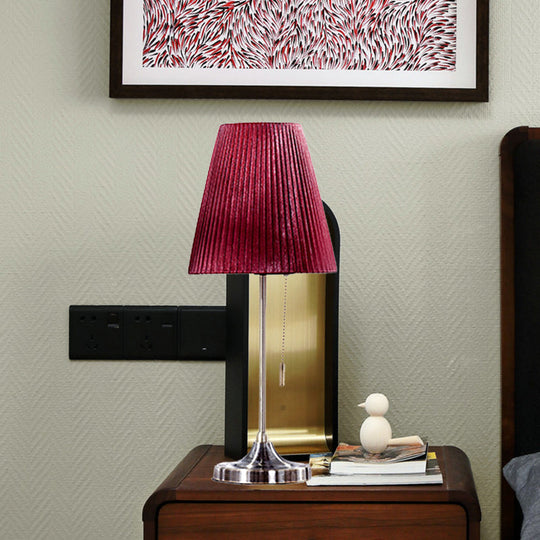 Modern Red Tapered Nightstand Lamp With 1 Bulb Pull Chain And Fabric Shade