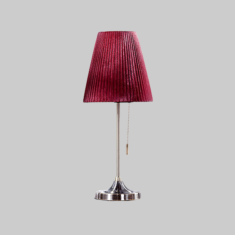 Modern Red Tapered Nightstand Lamp With 1 Bulb Pull Chain And Fabric Shade