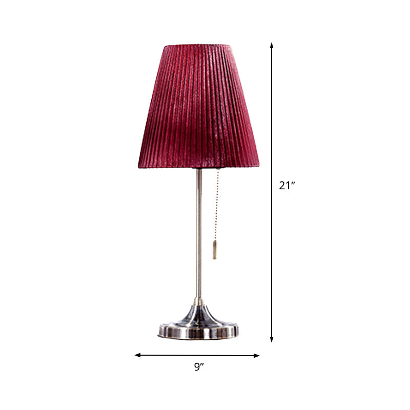 Modern Red Tapered Nightstand Lamp With 1 Bulb Pull Chain And Fabric Shade