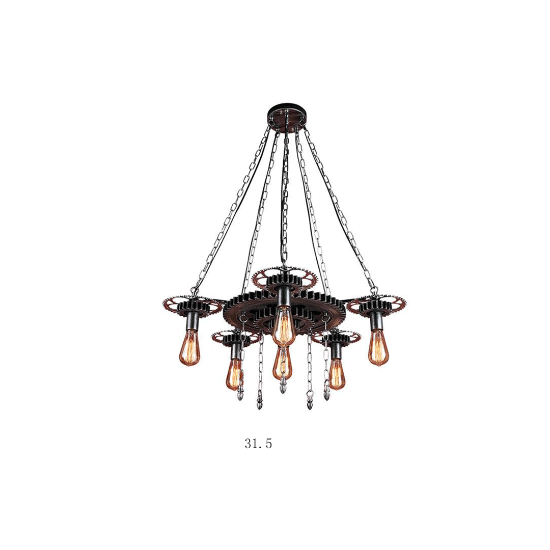 Industrial 6-Light Metal Chandelier with Exposed Bulbs - Silver/Bronze Pendant Lighting for Dining Room with Gear Design