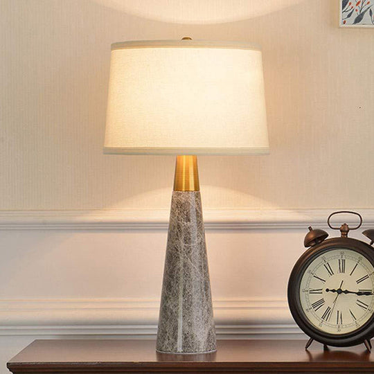 Modern Shaded Nightstand Lamp - 1 Head White Fabric Task Lighting With Grey Cone Marble Base