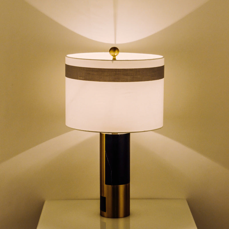 Modern White Bedside Table Lamp With Cylinder Fabric Shade