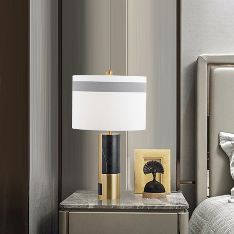 Modern White Bedside Table Lamp With Cylinder Fabric Shade