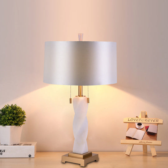 Modern White Fabric Night Table Lamp With Pull Chain - 2 Heads Cylindrical Desk Light