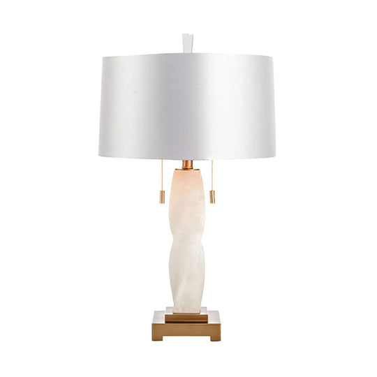 Modern White Fabric Night Table Lamp With Pull Chain - 2 Heads Cylindrical Desk Light