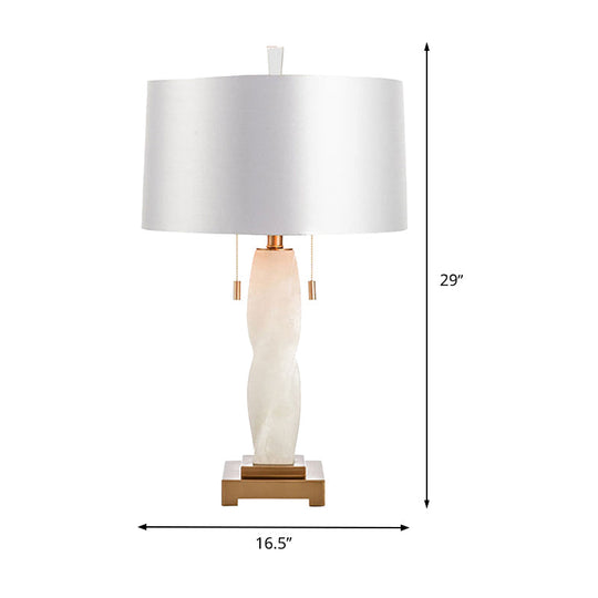 Modern White Fabric Night Table Lamp With Pull Chain - 2 Heads Cylindrical Desk Light