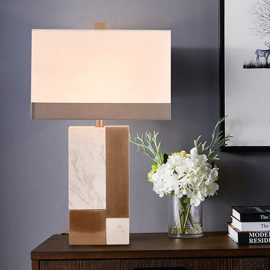 Modern White Night Table Lamp - Rectangle Fabric Shade 1 Head Study Desk Light