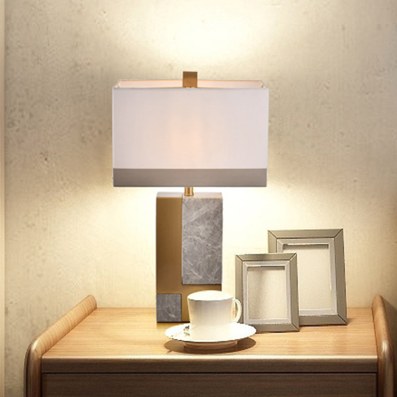 Modern White Night Table Lamp - Rectangle Fabric Shade 1 Head Study Desk Light