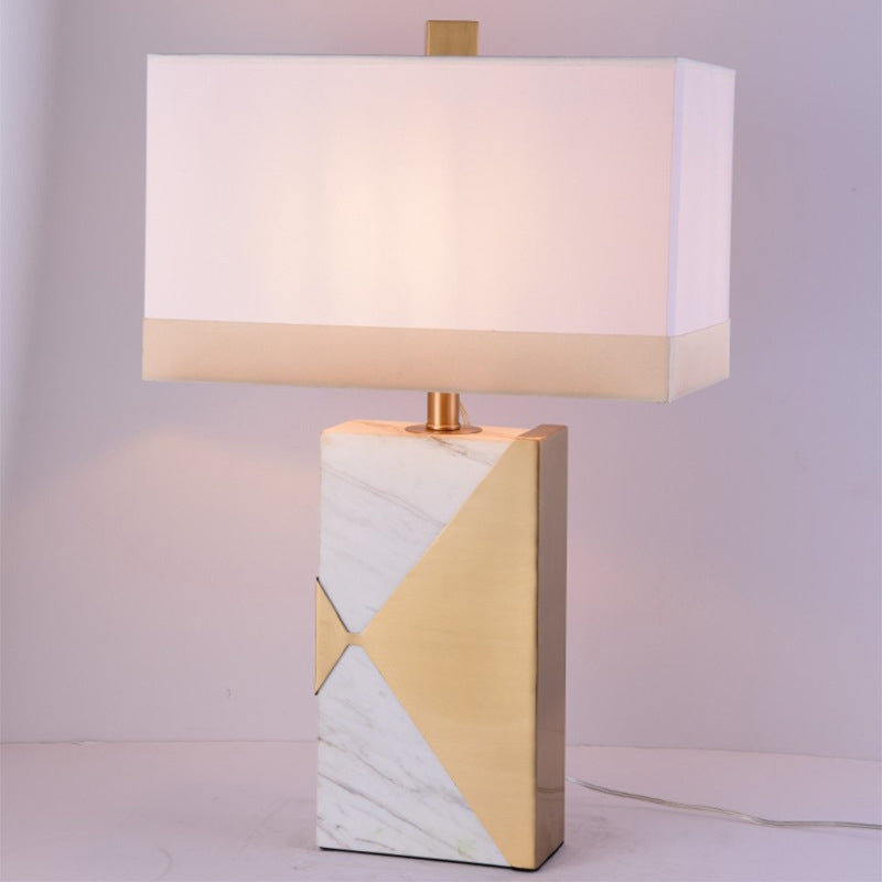 Modernist White Rectangular Table Lamp With Marble Base - Small Fabric Desk Light