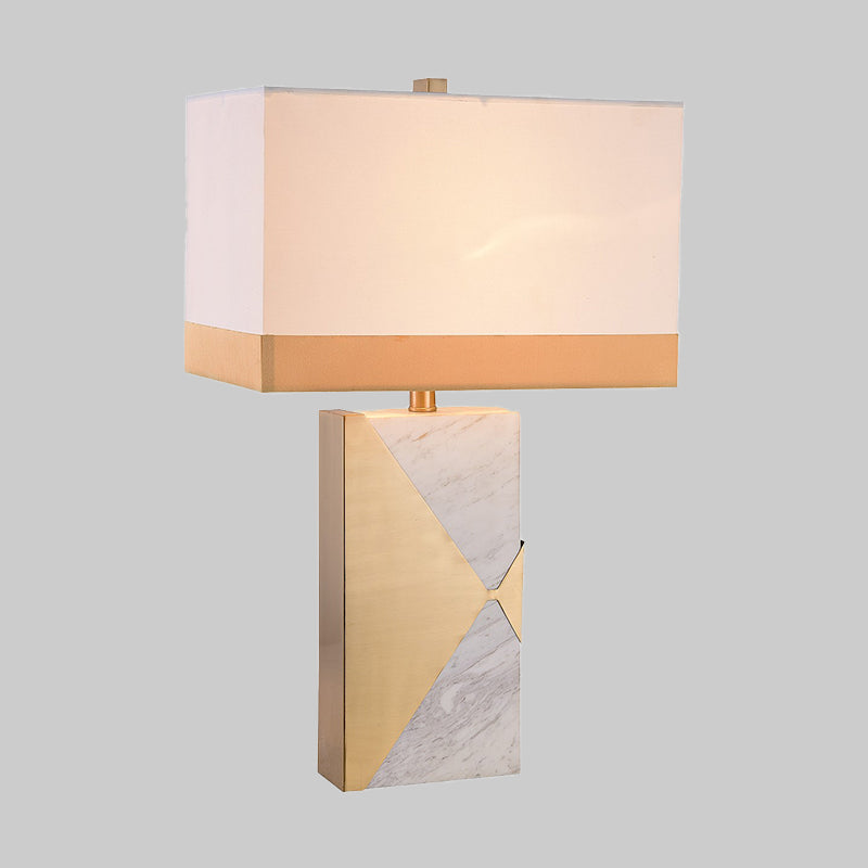 Modernist White Rectangular Table Lamp With Marble Base - Small Fabric Desk Light