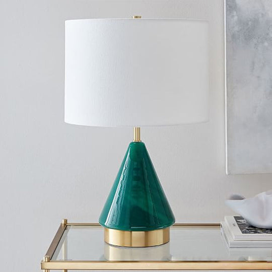 Small Desk Lamp: Contemporary Green Cylinder With Fabric Shade - 1 Bulb Task Lighting