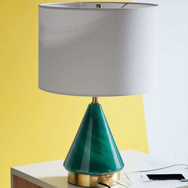 Small Desk Lamp: Contemporary Green Cylinder With Fabric Shade - 1 Bulb Task Lighting