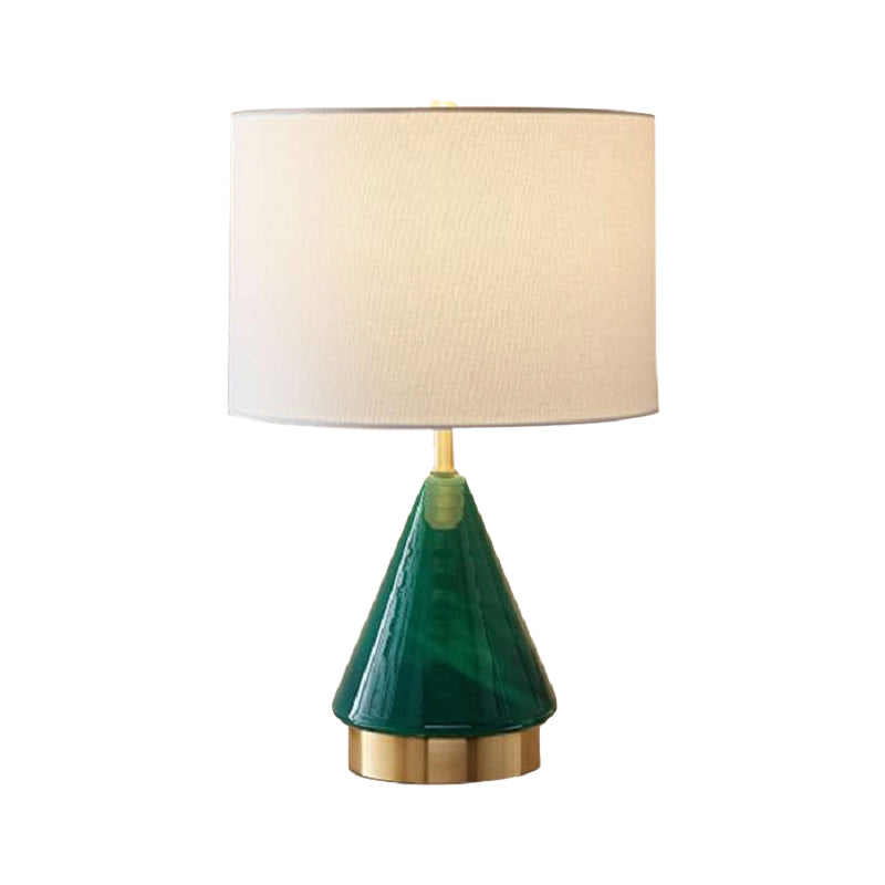 Small Desk Lamp: Contemporary Green Cylinder With Fabric Shade - 1 Bulb Task Lighting