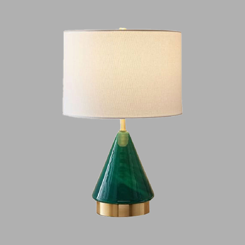 Small Desk Lamp: Contemporary Green Cylinder With Fabric Shade - 1 Bulb Task Lighting