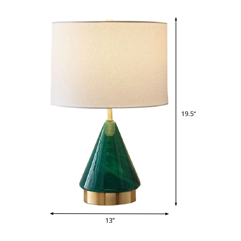 Small Desk Lamp: Contemporary Green Cylinder With Fabric Shade - 1 Bulb Task Lighting