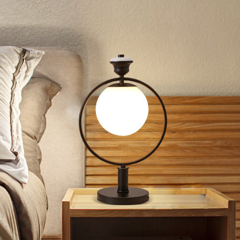 Modern Black Bedside Table Lamp With Global Milky Glass Shade