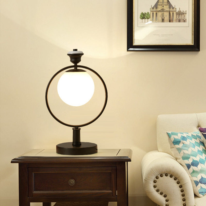 Modern Black Bedside Table Lamp With Global Milky Glass Shade