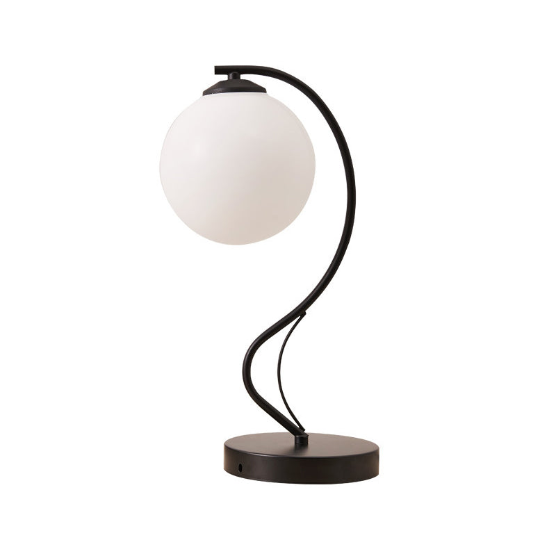 Modern White Glass Ball Task Lamp With Black Reading Light & Curved Metal Arm